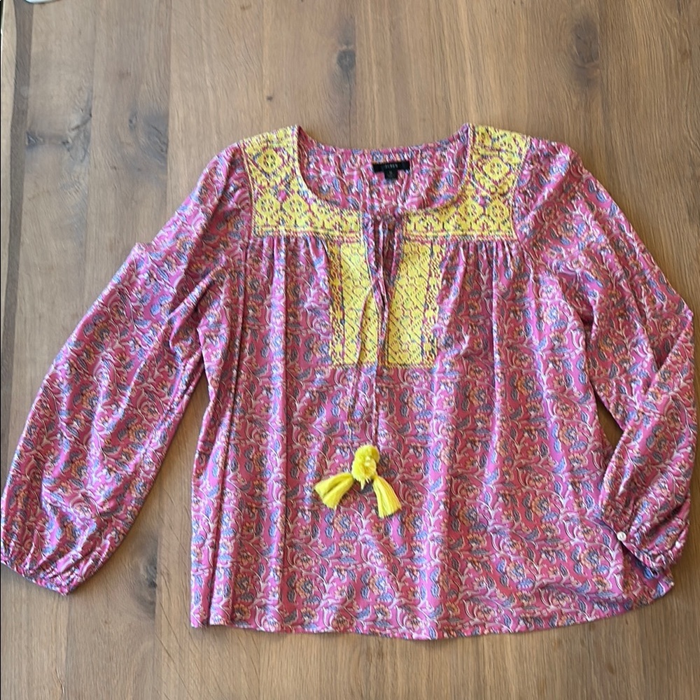 J. Crew Pink and Yellow Relaxed Boho Bib Collar Blouse